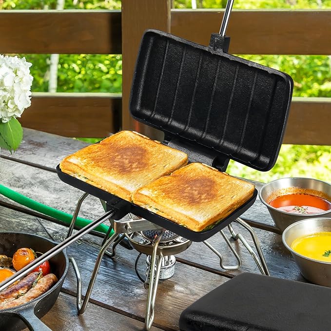 Double Pie Iron for Camping Cast Iron, Pre-seasoned Cast Iron Campfire Sandwich Maker, Mountain Pie Maker, Portable Campfire Cooking Equipment Camp Cooker
