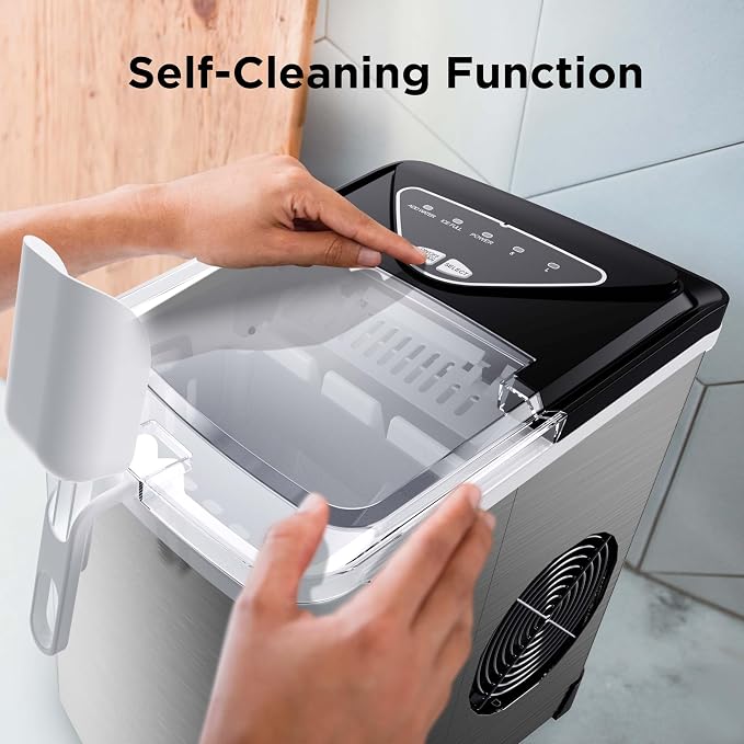 Totnz Countertop Ice Maker Machine - 26lbs in 24Hrs, 9 Ice Cubes Ready in 6 Mins, Auto-Cleaning Portable Ice Maker with Ice Basket, Handles and Scoop, for Home/Kitchen, Stainless Steel