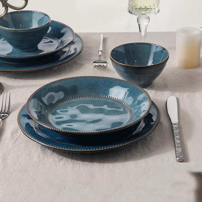 4-piece set, ceramic, natural active glaze plate and bowl set, microwave and dishwasher compatible tableware set, shatterproof and scratch resistant dinner set, irregular edge design, sky blue