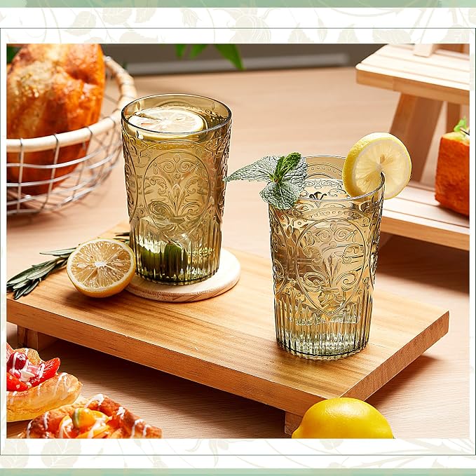 24 Pcs 16 oz Plastic Vintage Drinking Glasses Stemless Ribbed Highball Glasses Bulk Embossed Reusable Cup for Water Beer Cocktails Juice Wedding Bridal Shower Birthday Event Party (Green)