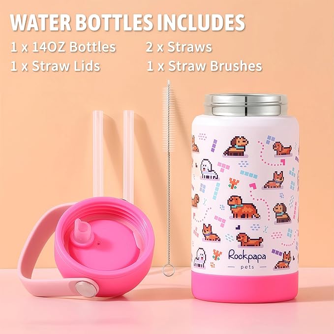 rockpapa Kids Lunch Box Set with 14oz Insulated Water Bottle & Lunch Bag, Leakproof 5.5 Cups Bento Box for School & Children, BPA-Free, Microwave Safe for Boys Girls (White Pets)