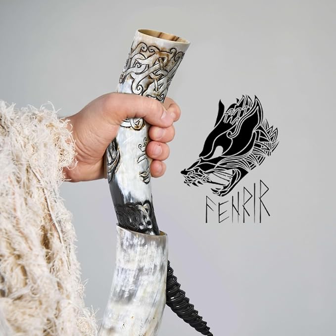 FENRIR Viking Drinking Horns With Stand Leather Hoster | Thor Bottle Opener | Norse Medieval Authentic Ox Horn for Ale, Mead, Whiskey | Unique Gifts for Men | 16-20 oz Triple Horn of Odin