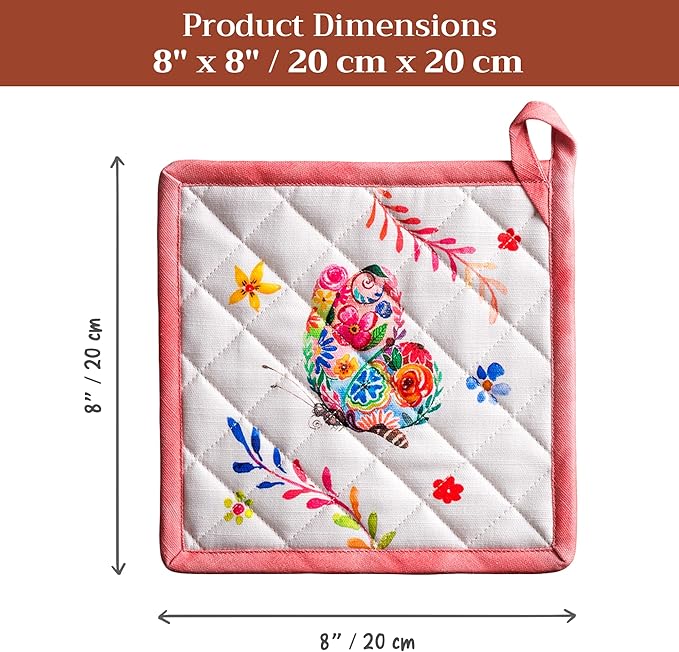 Maison d' Hermine Pot Holders 100% Cotton Heat Resistant Potholders 8" x 8" Hot Pads with Loop Baking Gifts for Mothers Day Handling Hot Pans Spring/Summer(Pack of 1, Happy Florals - High Summer)