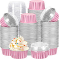 Gejoy 400 Pcs Aluminum Foil Baking Cups with Lids 5 oz Disposable Ramekins Mini Cake Pans Creme Brulee Cupcake Liners Muffin Tins Flan Mold Dessert Container for Wedding(Pink,Classic)