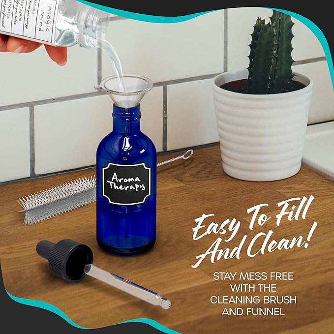 Nevlers 4 Oz Blue Glass Dropper Bottle 48 Pack | Eye Dropper Bottle Set with Glass Droppers for Liquids, Funnel, Brush, Marker, Labels & Shrink Wrap | Tincture Bottles with Droppers for Oils & More