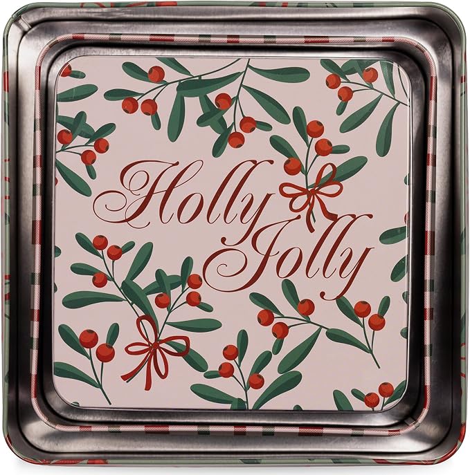 Steel Mill & Co Tin Containers with Lids, 3 Pack Christmas Cookie Tins, Festive Cookie Tins for Gift Giving & Holiday Treats, Square Metal Nesting Containers (Holly Jolly)