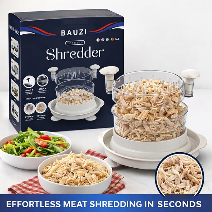 Premium Manual Food Shredder, Chicken Crusher Tool, Large Standard Size, PowerPull Chicken Grinder – Easy-Twist Meat Shredder for Chicken, Pork & Beef KitchenPro Chicken Shredder Tool, White