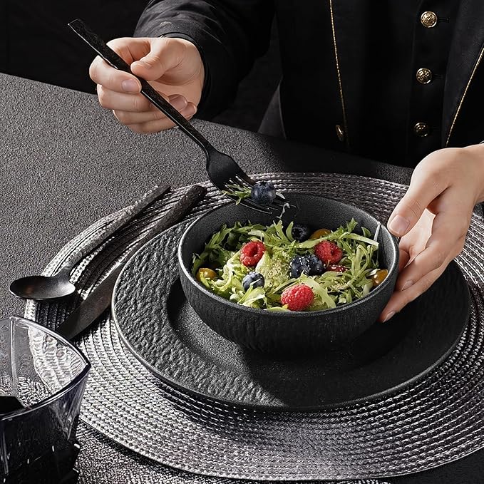KINGSTONE Dinnerware Sets, 3-Piece Premium Porcelain dishes set, Matte Marble Pattern Plates and Bowls Sets for 1, Place Setting with Dinner Plate, Salad Plate, Pasta Bowl (Black)