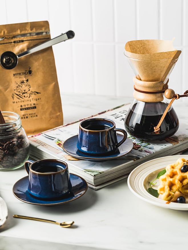 YHOSSEUN Espresso Cups Set of 6, 4 OZ Expresso Shots Cup with Sacuers, Spoons, and Metal Stand, Ceramic Coffee Espresso Cups for Father's Day, Espresso Accessories for Machine, Blue