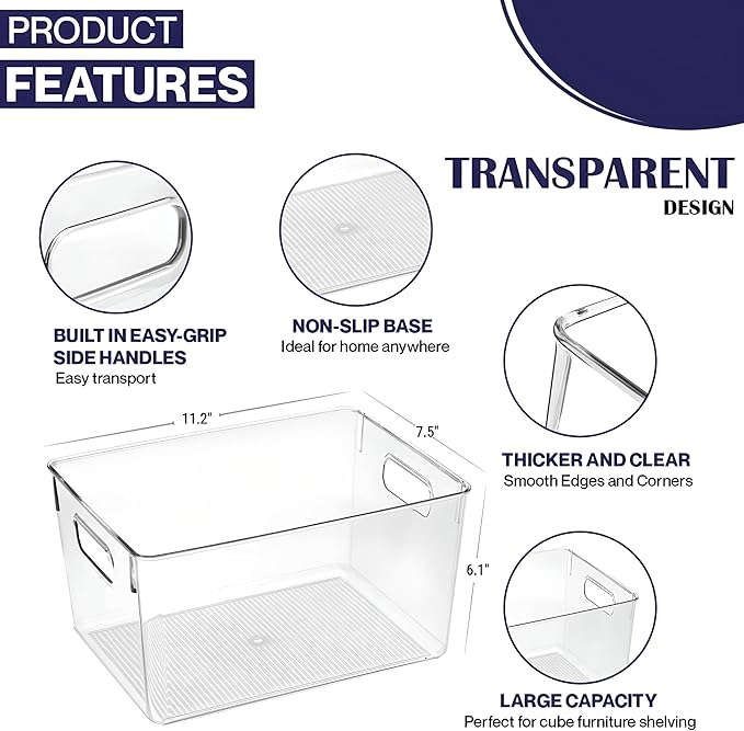 Clear Plastic Storage Bins – 4 Large Containers for Kitchen Organization or Pantry Organization and Storage, Fridge Organizer Plastic Bins, Pantry Organization and Storage Bins, Cabinet Organizers