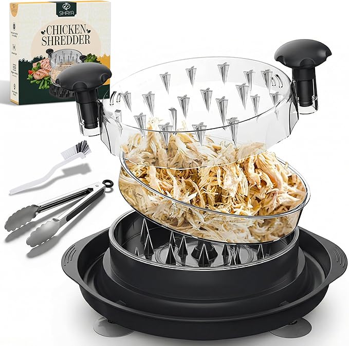 SIHAYA Large Chicken Shredder Tool Twist – 11 Inch, Suction Cups, Visible Lid, Removable Tray, Tongs & Brush – Strong and Food Grade Safe for Chicken, Birria, Beef – Dishwasher Safe