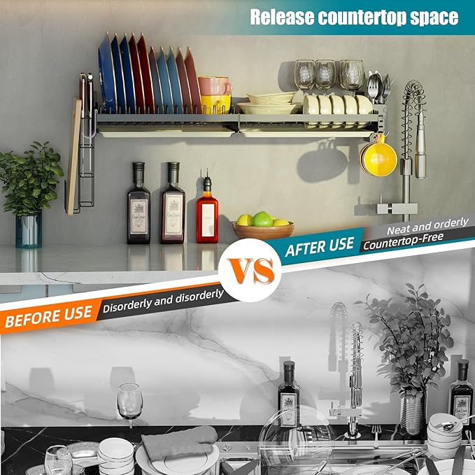 Hanging Wall Mounted Dish Drying Rack with Cutting Board Rack*1, Hook*4, Drain Tray*2, Apartment & RV Wall Mounted Dish Rack, Adhesive Mountable, Mounted Length: 31.8", Washable (Black)
