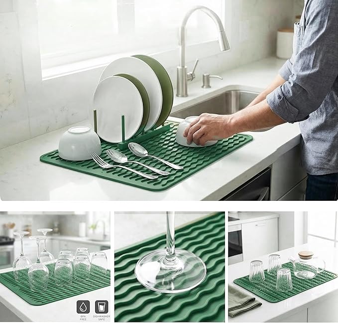 MicoYang Silicone Dish Drying Mat for Multiple Usage,Easy clean,Eco-friendly,Heat-resistant Silicone Mat for Kitchen Counter or Sink,Refrigerator or drawer liner Green L 16 inches x 12 inches
