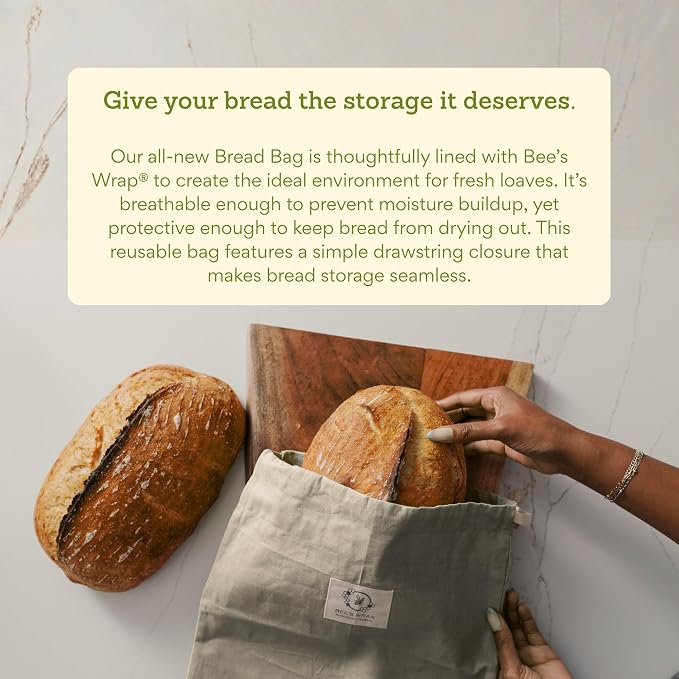 Bee’s Wrap Beeswax Bread Bag - 2 Bakery Lane Reusable Beeswax-Lined Bread Storage Bags - Breathable & Sustainable Homemade Bread Saver - Plastic Free Eco-Friendly Alternative