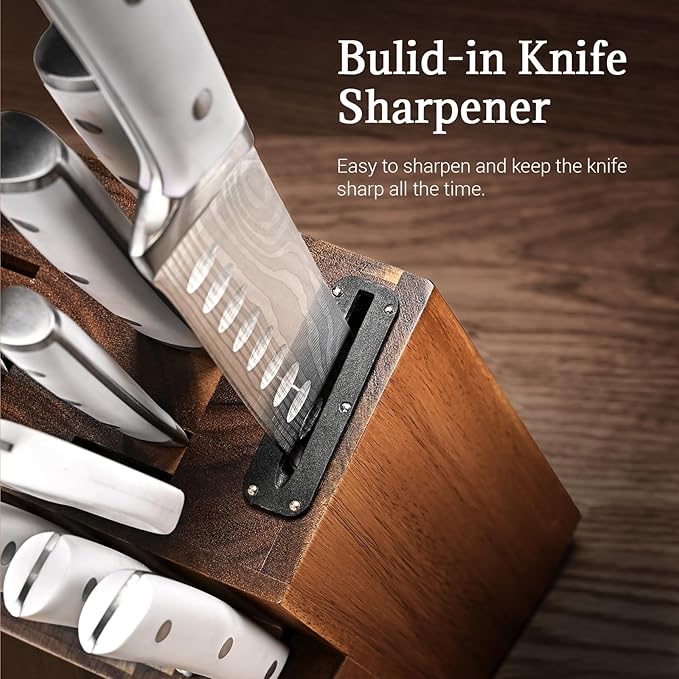 Emojoy Knife Set, 18 Piece Kitchen Knife Set with Block and Built-in Sharpener, Full Tang German Steel Knife Block Set for Kitchen, Razor Sharp Knives Set with Wooden Block