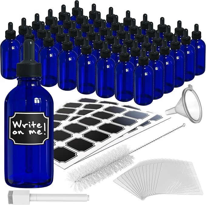 Nevlers 4 Oz Blue Glass Dropper Bottle 48 Pack | Eye Dropper Bottle Set with Glass Droppers for Liquids, Funnel, Brush, Marker, Labels & Shrink Wrap | Tincture Bottles with Droppers for Oils & More