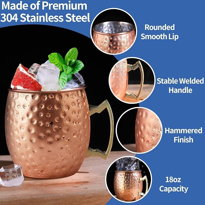 LINALL Moscow Mule Copper Mugs- Set of 4 Copper Plated Stainless Steel Mug 18oz, for Chilled Drinks (4 pcs)