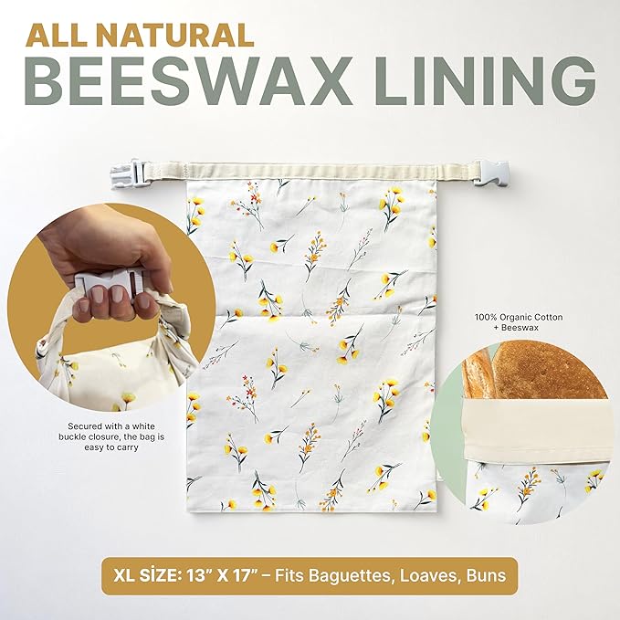Bread Bags XL (Set of 2) – Reusable Beeswax Bread Bag for Homemade & Sourdough Bread – 100% Cotton with Beeswax Lining – Eco-Friendly Bread Storage Bag – Keeps Bread Fresh Longer