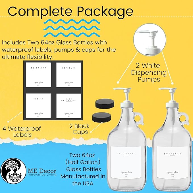 Laundry Detergent Dispenser for Laundry Room - Two Half Gallon Glass Jugs for Fabric Softener Dispenser, Liquid Laundry Soap Dispenser and Bleach - 64 oz. White Commercial Liquid Pump Dispenser
