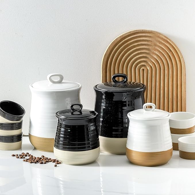 Ceramic Food Storage Jars,25 Oz Porcelain Kitchen Canisters with Airtight Lids Set of 3,Flour Containers for Countertop,Farmhouse Decor Serving Ground Coffee,Tea,Sugar,Pasta and Rice,Black＆White