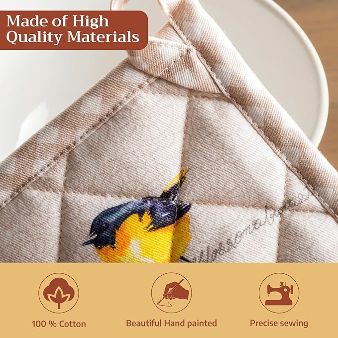 Maison d' Hermine Pot Holders 100% Cotton Heat Resistant Potholders 8" x 8" Hot Pads with Loop BBQ Cooking Baking Gifts for Mothers Day Handling Hot Pans Spring/Summer(Pack of 2, Birdies on Wire)