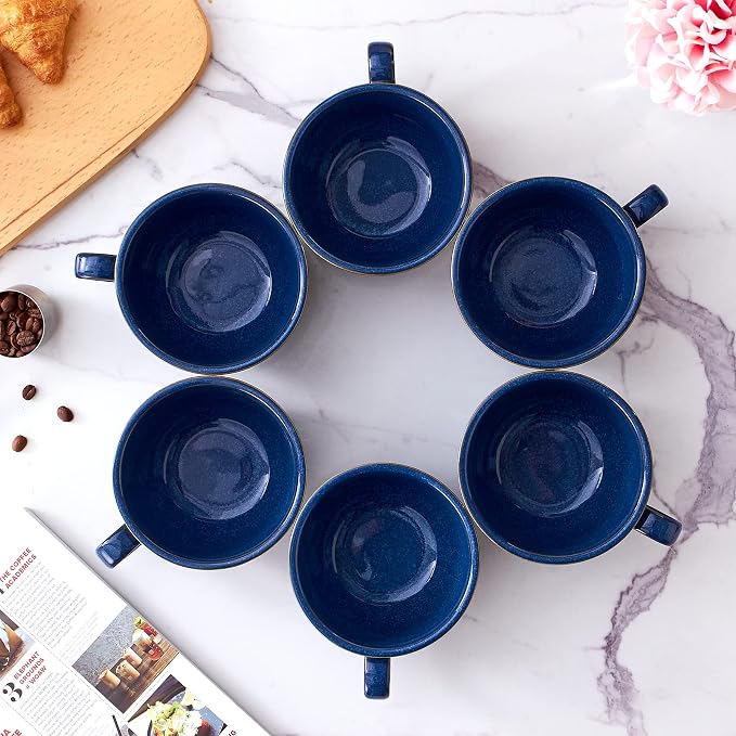 Coffeezone Set of 6 Cups Vintage Design 12 oz Professional Barista Ceramic Latte Art Cappuccino Cups Set (Embossed Blue * 6)