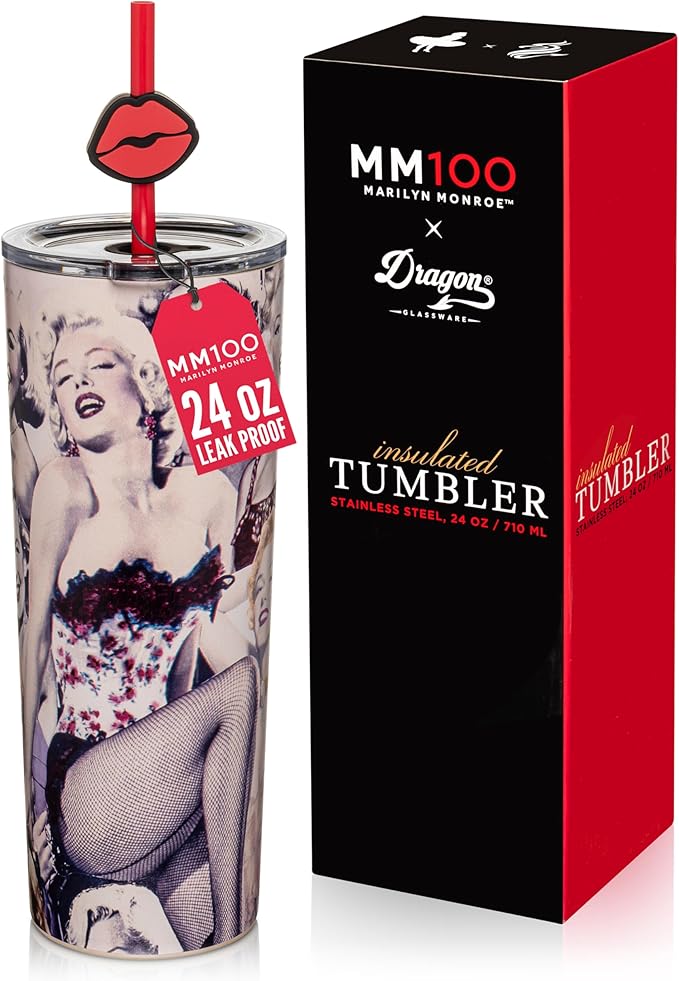 Dragon Glassware x Marilyn Monroe 100th Celebration Tumbler, 24oz - Glamour | Vacuum Insulated Stainless Steel Tumbler with Straw & Lid; Double Walled Tumbler with Straw Charm; Marilyn Monroe Cup