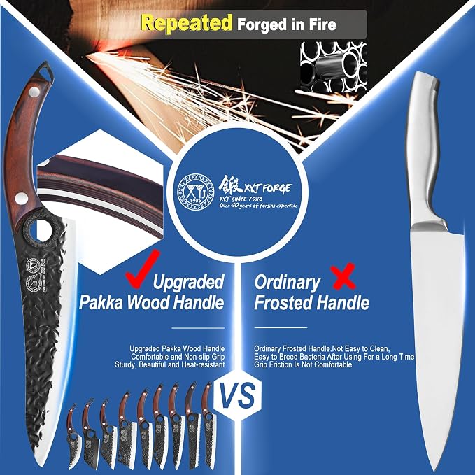 XYJ Professional Kitchen Knife Set with High-Carbon Steel Forged Blades, Chef's Knife, Cleaver, Carving Knife, Nakiri, Full Tang Design, Includes Carrying Bag & Poultry Scissors