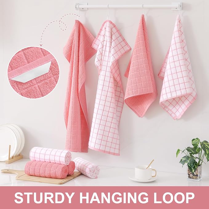 Homaxy Premium Cotton Kitchen Towels 16"x 28", Large Natural Ring Spun 390 GSM Dish Towels, Super Absorbent Terry Kitchen Hand Towels, Soft Tea Towels with Hanging Loop, Pure Pink Check Design, 4 Pack