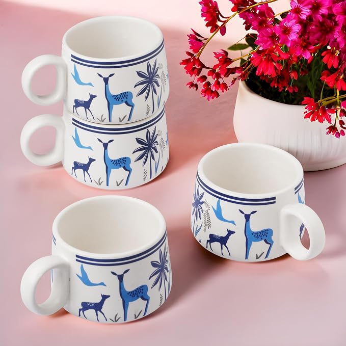 Servo Best Handmade Cermaic Tea Cup Set of 4-5 Oz Small Cups for Espresso, Cappuccino, Tea, Chai – Dishwasher & Microwave Safe – Gift Set for Coffee Lovers, Kitchen, Home, Office - Blue Jungle