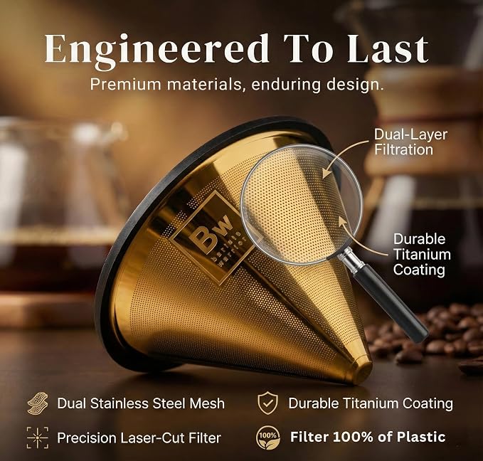 Barista Warrior Reusable Coffee Filter - Stainless Steel Pour Over Dripper, Compatible for Chemex, Hario V60 & Drippers, Easy to Clean Flavorful Brew Fine Mesh Coffee Filter - Gold Titanium Coated