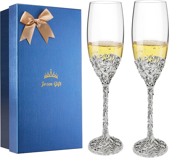 Champagne Flutes -His and Hers,Wedding Toasting Glasses for Engagement Celebrations, Bridal Shower and Registry Idea, Tall Wine Glasses for Bride and Groom Gifts,7oz (Silver new)