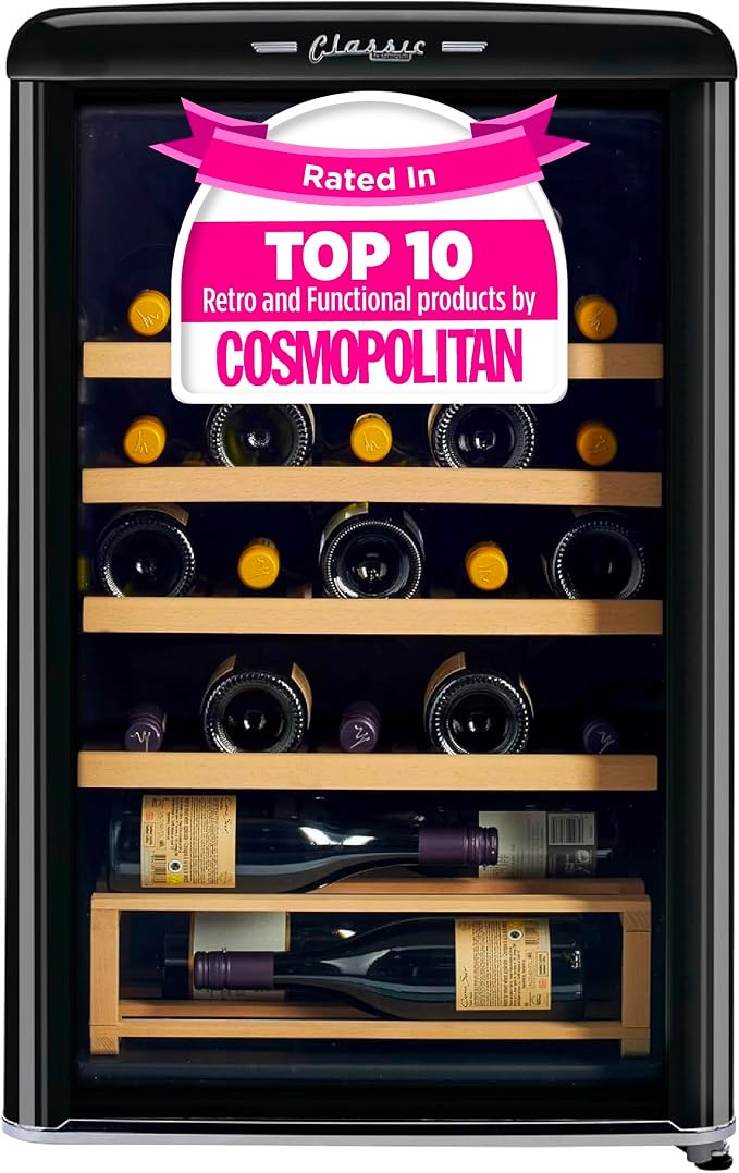 Unique Appliances Classic Retro Electric Wine Cooler, 28-Bottle Wine Fridge with Adjustable Wooden Shelves and Intuitive Digital Control Panel, Single Zone, 21", Midnight Black