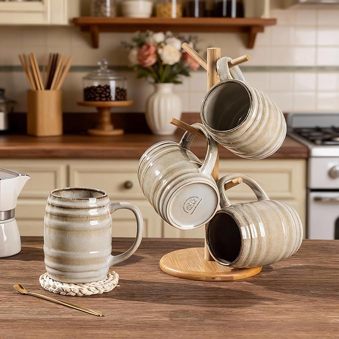 GBhome 20oz Large Coffee Mugs Set of 4, Handmade Ceramic Coffee Mugs Set for Latte/Tea/Beer/Hot Cocoa, Dishwasher & Microwave Safe- Oatmeal