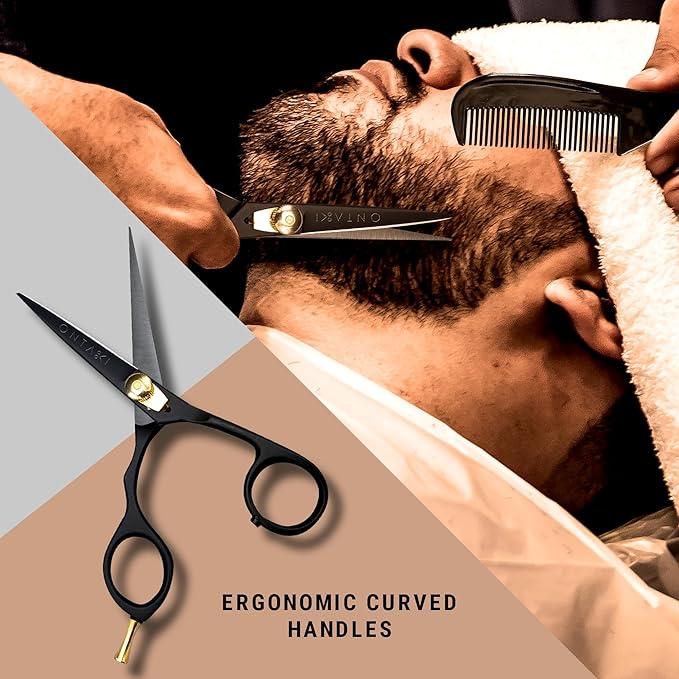 Ontaki Beard and Mustache Scissors for Men - 5.5 in, Black, Left Hand - 420C Japanese Steel Precise Sharp Blades - Complete Grooming Kit with Mustache Comb & Scissors Set