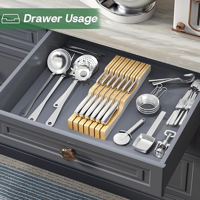 Knife Drawer Organizer, Bamboo Wood Knife Organizer Drawer Insert, Brown Knife Block Fit for 13 Knives