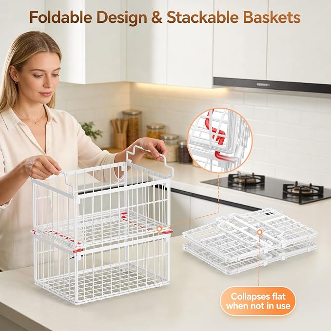 Freezer Organizer Bins, Enlarged Stackable Deep Chest Freezer Organizer Bins, Foldable Baskets with Handles, Storage Container Baskets for 5 to 9 Cu.FT Deep Freezer Sort Frozen Meats (white 3 pack)