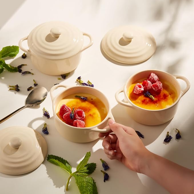 Kook Ceramic Mini Cocotte Set, Small Casserole Dishes with Lids and Handles, Individual Baking Ramekins, Oven, Microwave & Dishwasher Safe, Stoneware, 12 oz, Set of 4, Ivory