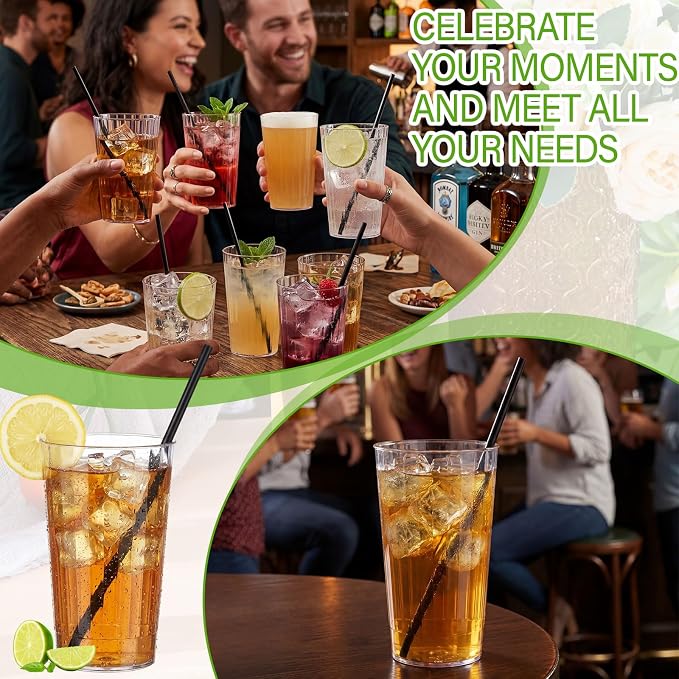 Plastic Highball Glasses with Straws(set of 48), 16 oz Shatterproof Drinking Cups, Tall Whiskey Collins Ribbed Cup, Smoothie Tumbler Mojito Cocktail Cup for Wedding Spring Summer Party