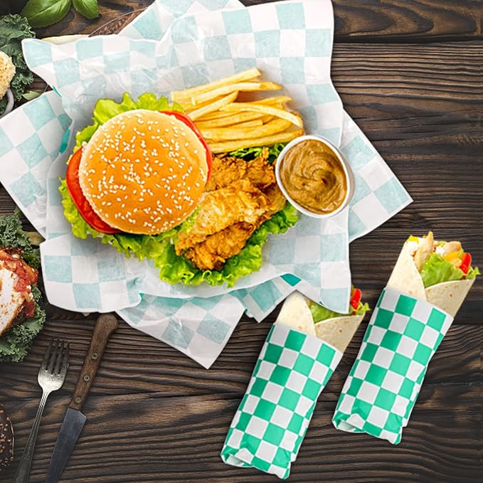 Fasmov 1000 Sheets 12 x 12 inches Sandwich Paper Deli Basket Liner Wrap Food Basket Liners Wrapping Checkered Sheets, Green & White