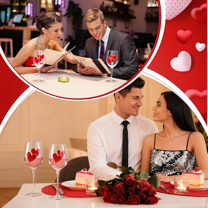 SiliFine 4 Pcs Valentine's Day Red Hearts Theme Party Stemmed Wine Glasses Hand Painted Red Heart Drinking Cup Wine Glasses Gifts for Birthday Theme Holiday Party Supplies