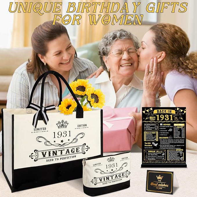 YeohJoy 95th Birthday Gift for Her Canvas Tote Bag Travel Gear, Unique 95 Years Old Birthday Gifts for Mom Wife Aunt Friends Her, Vintage 1931 Handbag & Makeup Bag & 95th Greeting Card