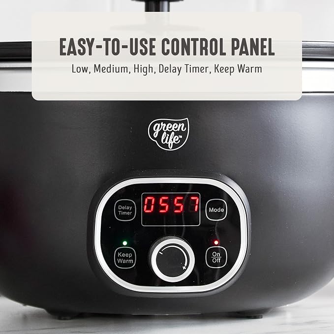 GreenLife 6QT Slow Cooker, Non-Toxic PFAS-Free Ceramic Nonstick Removable Interior Bowl, Programmable, Family Friendly, Keep Warm, Stovetop & Oven Safe, Dishwasher Safe Crock, Timer, Glass Lid, Black