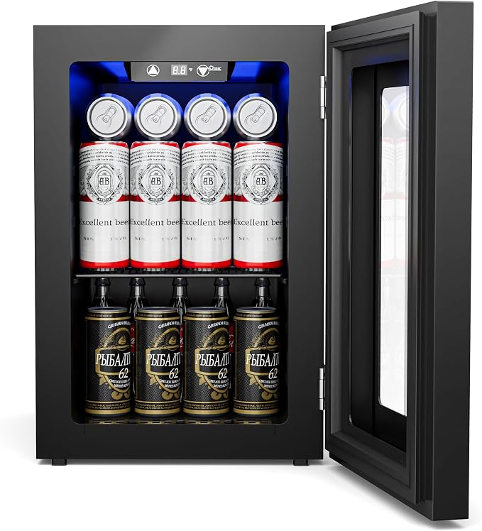 Manastin 18L Beverage Refrigerator Cooler, 24-Can Mini Fridge with Glass Door & LED Light, 40–61°F Digital Temperature Control, Freestanding Drink Fridge for Soda, Beer, Bedroom, Office & Home Bar