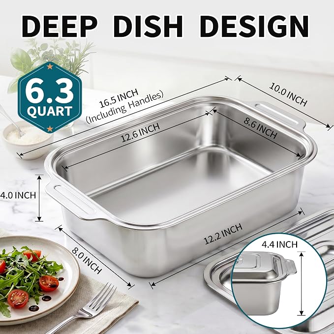 Extra Deep Stainless Steel Lasagna Pan with Wide Handles & Lid, 16.5 x 10 x 4 Inch, 6.3 QT Large Casserole Baking Dish, Oven Safe Heavy Duty Baking & Roasting Pan for Meal Prep & Storage