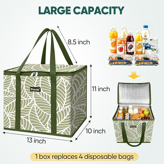 BALEINE 1Pk Insulated Reusable Grocery Bags, Foldable Shopping Bags for Groceries with Reinforced Bottom & Handles (Antique Foliage)