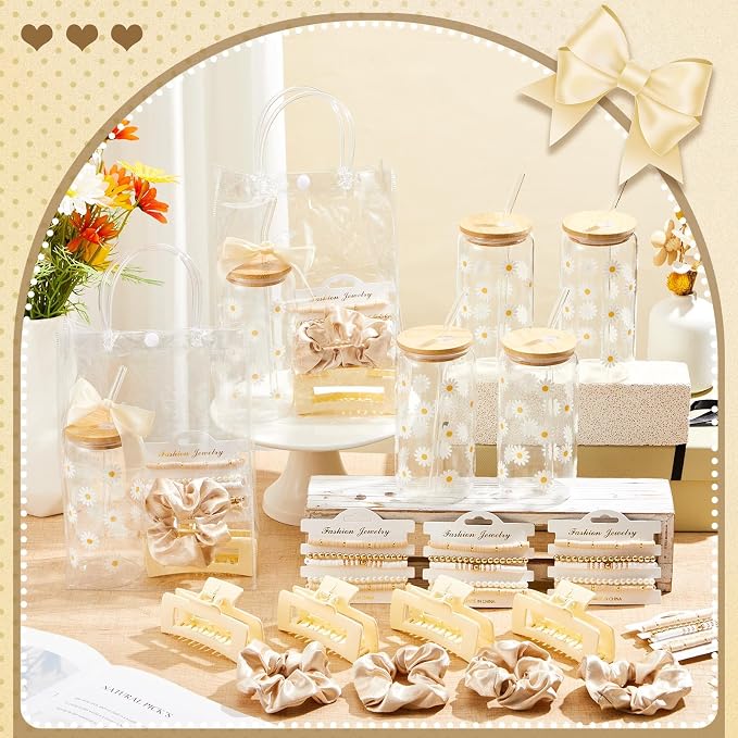 Suncalla 36 Pcs 6 Set Beige Birthday Gifts for Women, Sleepover Spa Party Girls Trip Bachelorette Party Favors for 6 People, Daisy Glass Cup Bracelets Hair Bands Hair Clip Tote Bags Bows