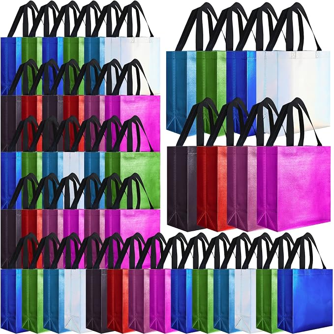Eccliy Reusable Gift Bags Set Glossy Grocery Gift Tote Bag with Handle for Wedding, Bridal Shower, 4th of July, Summer Event(10 x 8 x 4.7 Inch,Colorful,80 Pcs)