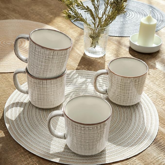 famiware Moonlight Coffee Mug Set of 4, 14oz Mug Set with Linen Finish, Coffee Cup Set with Handle for Latte, Cappuccino, Tea, Hot Cocoa, Microwave and Dishwasher Safe, Summer Sand