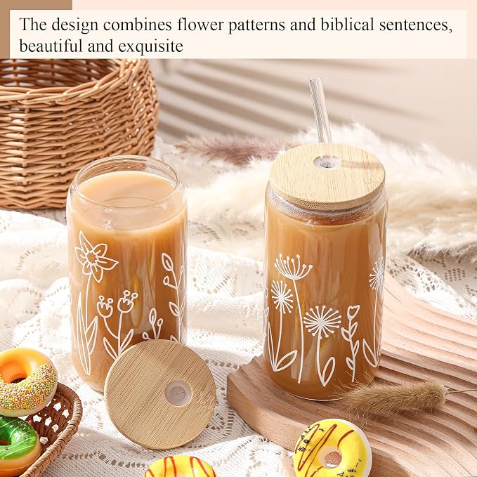 Mumufy 2 Pack Glass Cups Gift Aesthetic Cute Glass Cup Tumbler Flower Iced Coffee Mugs 16 oz with Bamboo Lid & Straw, for Wedding Birthday Bridesmaid Mom Baby Shower